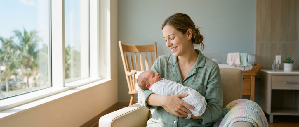 New mother receiving Postpartum Depression Treatment Miami, non-drug depression treatment, and support for Postpartum Anxiety symptoms and Perinatal Mental Health at Hidalgo TMS.