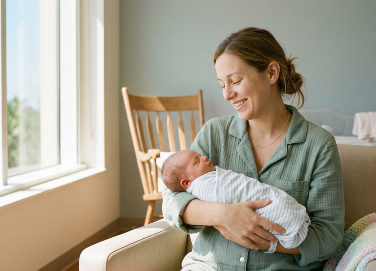 New mother receiving Postpartum Depression Treatment Miami, non-drug depression treatment, and support for Postpartum Anxiety symptoms and Perinatal Mental Health at Hidalgo TMS. Safe and effective TMS for Postpartum Depression Miami with Dr. Alen Hidalgo.